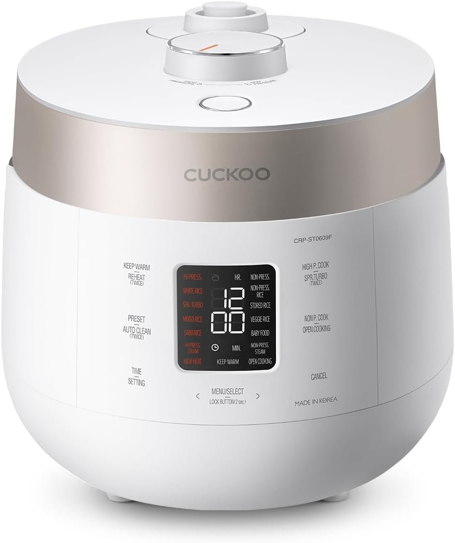 CUCKOO CRP-ST0609FW 6-Cup (Uncooked) / 12-Cup (Cooked) Twin Pressure Rice Cooker & Warmer with Nonstick Inner Pot, 16 Menu Options, 3 Voice Guide, Auto Clean (White)
