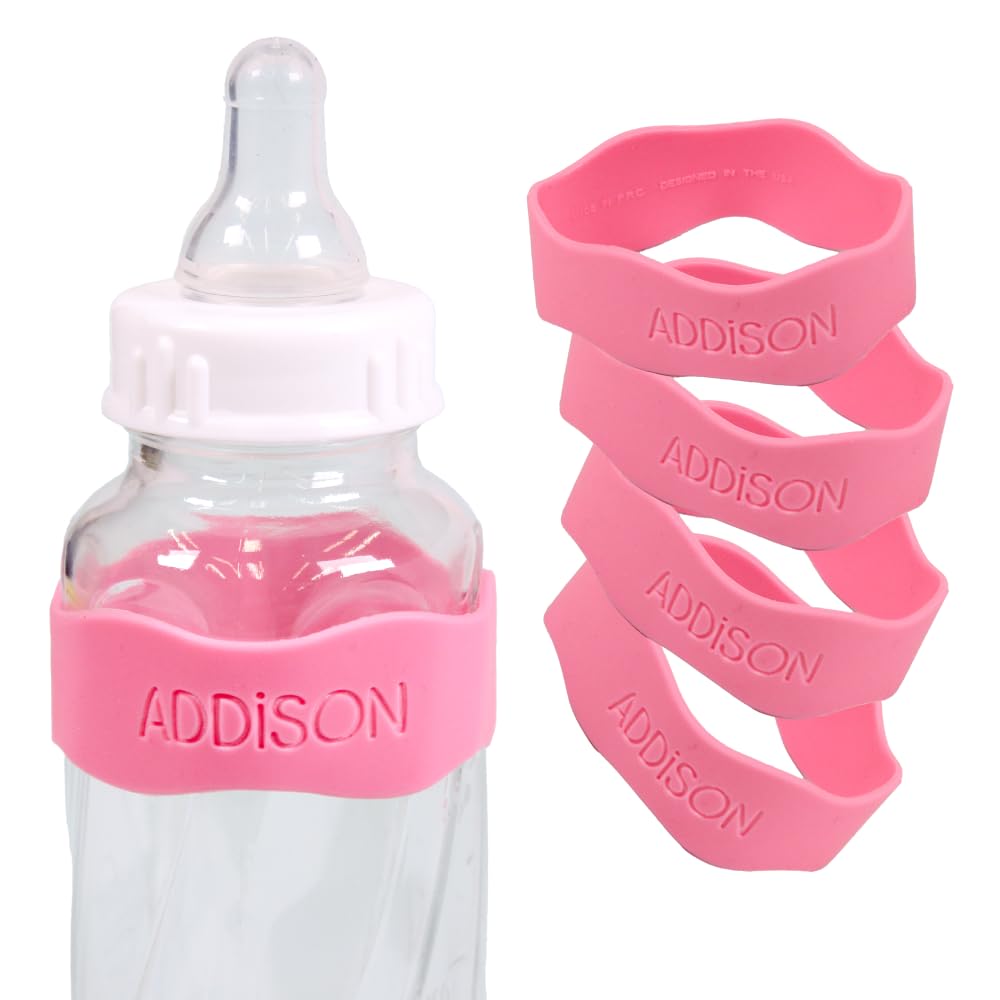 InchBug Orbit Labels - Baby Bottle Name Labels for Daycare, Sippy Cup Bands - Engraved Silicone, Reusable, Dishwasher Safe, Matching Color Personalization, 4-Pack (Bubblegum Pink)