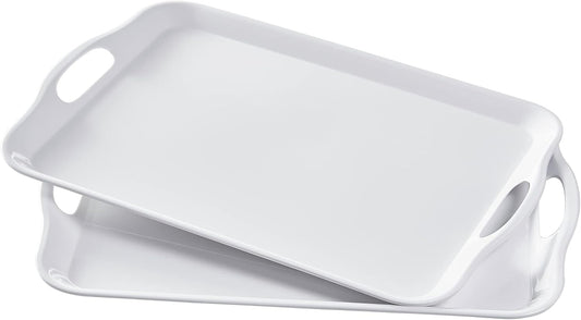 Blue Boat 14" x 10" Serving Trays Set of 2 White, Dinner Tray, Light Weight Easy to Clean Sturdy Stackable Melamine Serving Tray with Handle, Fruit, Snacks, and Desserts Trays