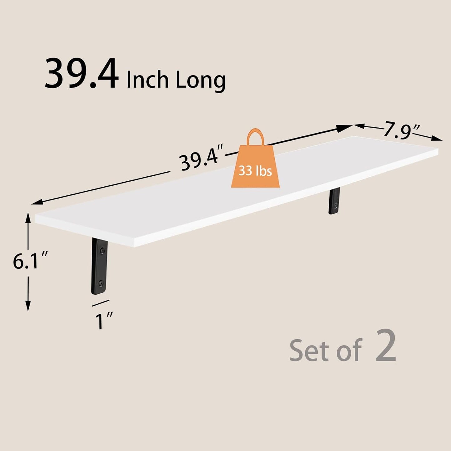 DINZI LVJ Long Wall Shelves, 39.4Inch Wall Mounted Shelves Set of 2, Extra Large Floating Storage Ledges with Sturdy Metal Brackets for Living Room, Bathroom, Bedroom, Kitchen, White