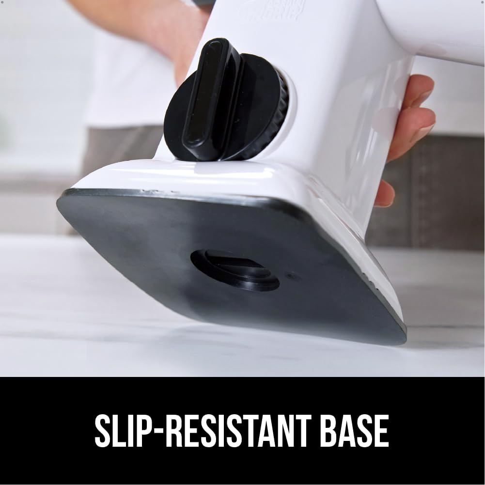 GORILLA GRIP BPA-Free Rotary Cheese Grater Hand Crank, Easy to Set Up, Strong Suction Base for Kitchen Countertop, Shred Potato, Vegetable, Nuts in Seconds, Round Mandoline Slicer, 3 Blades, White