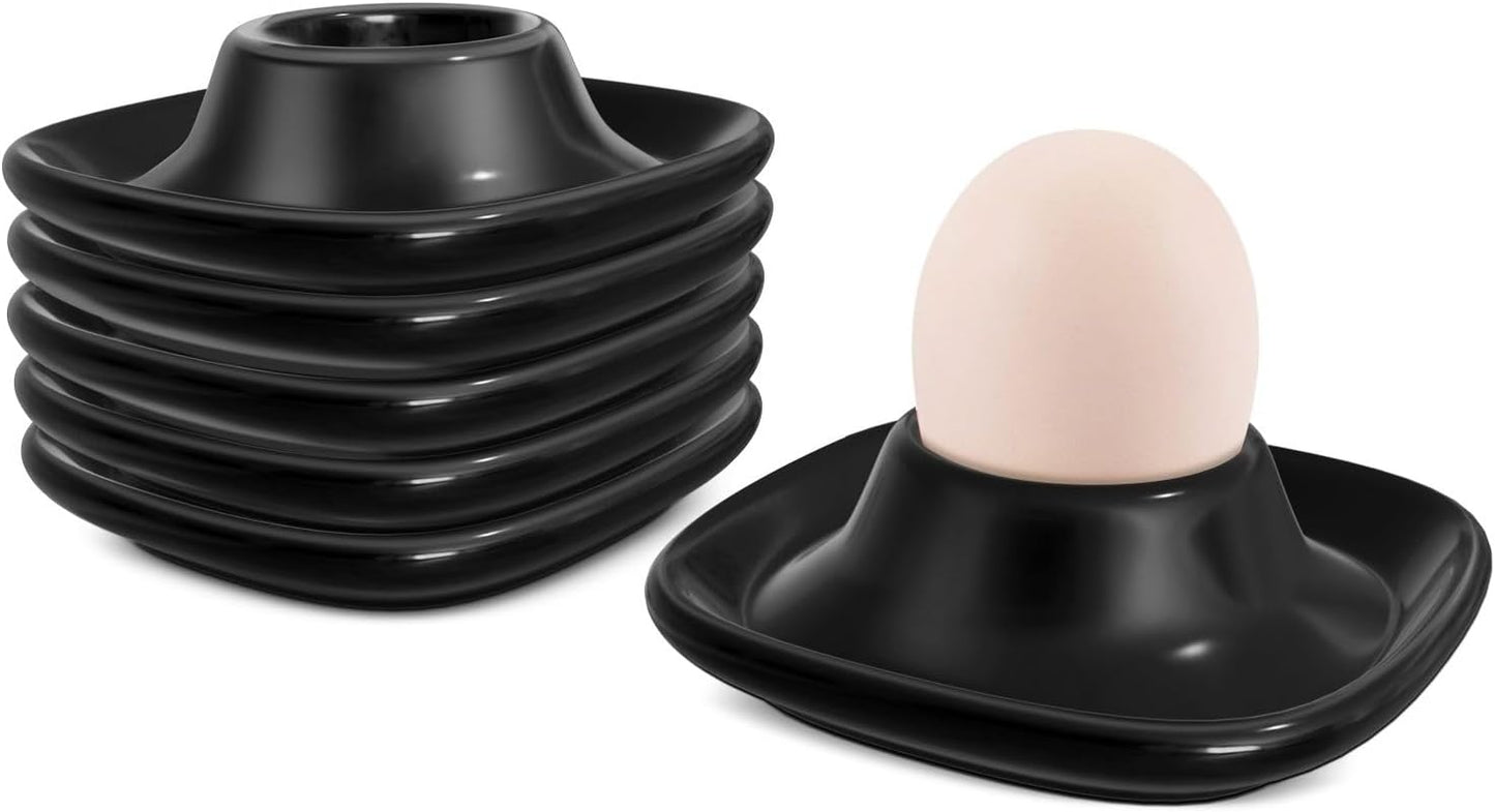 Flexzion Egg Cups for Soft Boiled Eggs - Set of 6 Ceramic Egg Holder - Stackable Egg Coddler Cups with Base for Serving, Breakfast, Brunch - Kitchen Table Decor, Black