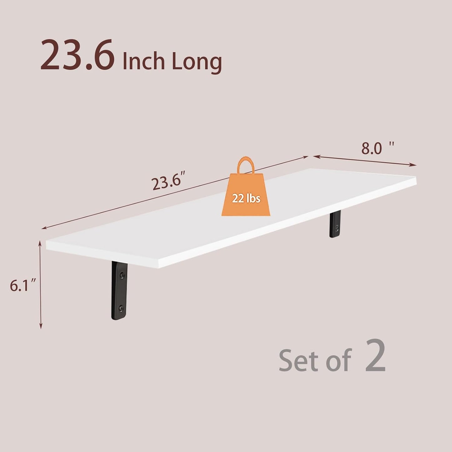 DINZI LVJ Long Wall Shelves, 23.6 Inch Wall Mounted Shelves Set of 2, Easy-to-Install, Wall Storage Ledges with Sturdy Metal Brackets for Living Room, Bathroom, Bedroom, Kitchen, White