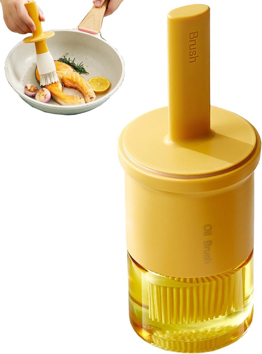 Glass Oil Dispenser with Heat Resistant Brush,Oil Dispenser Bottle with Silicone Pastry Brush for Kitchen,Cooking Vinegar and Sauce BBQ Grill Frying (Oil Dispenser-Yellow)