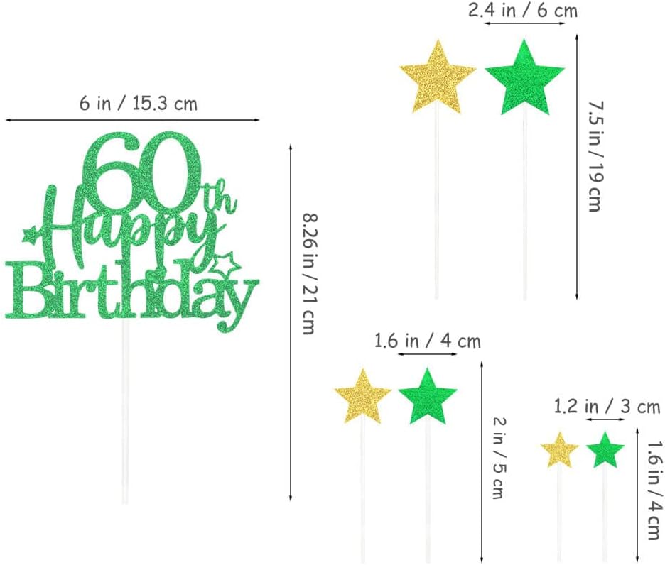 Glittery 60th Happy Birthday Cake Topper with Star,Personalised 60 Birthday Cake Toppers Party Decorations Party Supplies for Boys Girls Green Gold