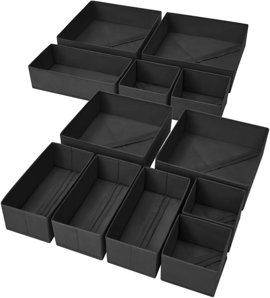 DIMJ Clothes Drawer Organizer, 12 Packs, Foldable Underwear Organizer for Baby Clothes, Tie, Bra, Sock (Black)
