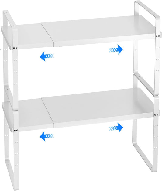 Expandable Cabinet Shelf Organizer, Stackable Kitchen Pantry Counter Storage, Adjustable Closet Cupboard Stand Rack Risers Spice Organization 80LBS Heavy Duty White 2 Pack