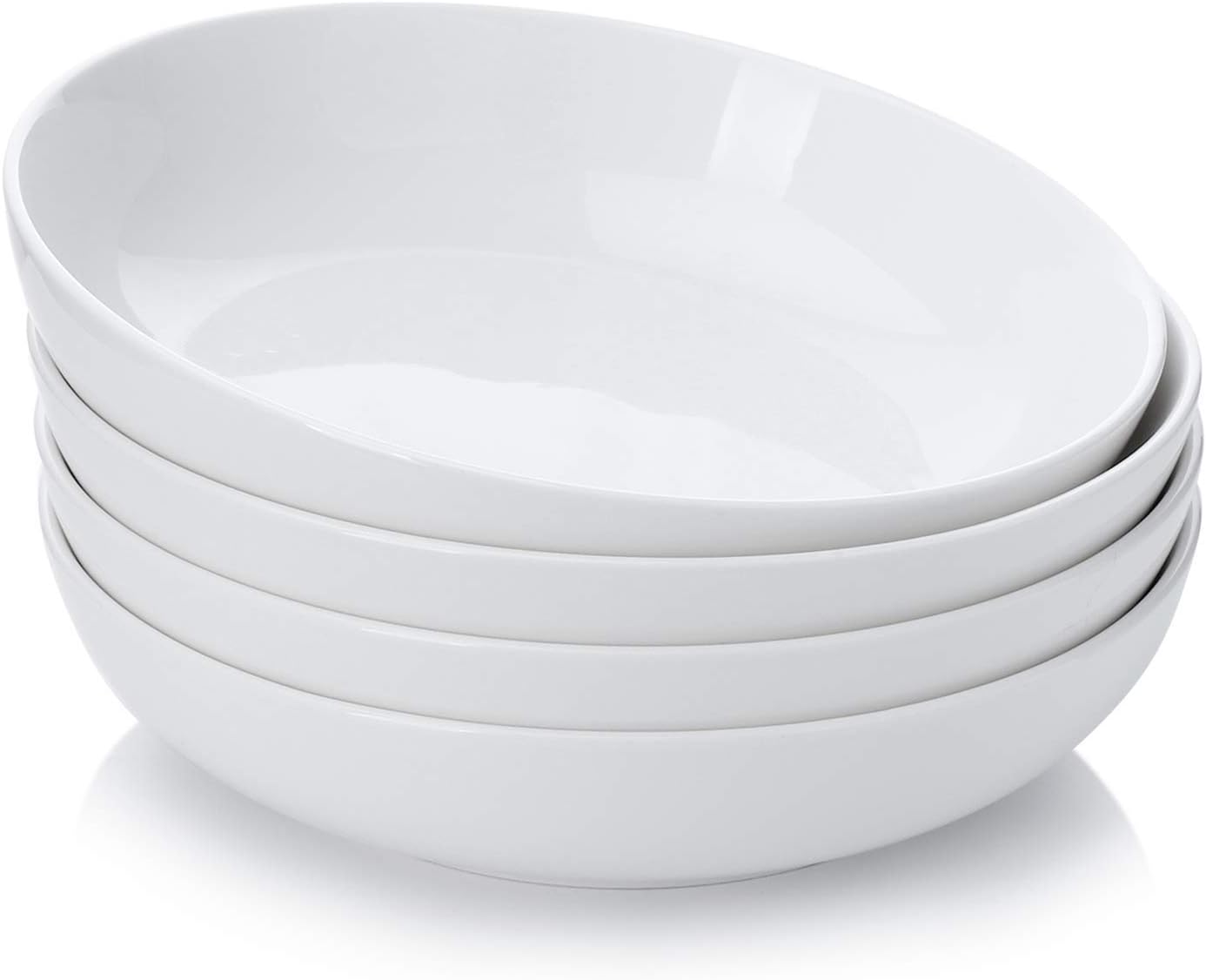 Teocera Pasta Bowls, Large Salad Bowls, Porcelain Bowl Set, Wide and Shallow, Microwave and Dishwasher Safe, 35 Ounce - Set of 4, White