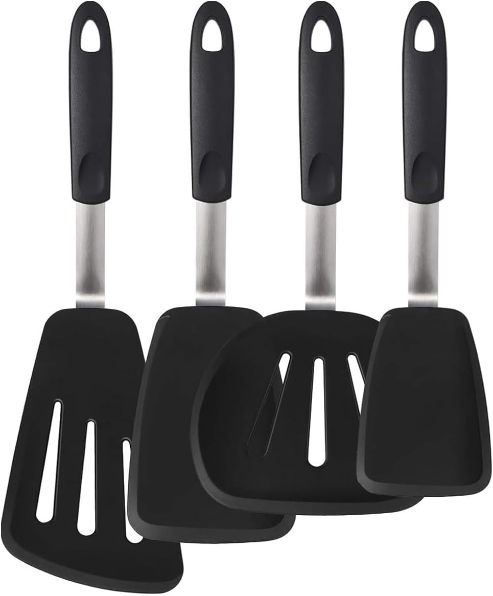 Set of 4 Silicone Spatula Utensils by Boxiki Kitchen. Professional Silicone and Stainless Steel Kitchen Spatula for Cooking, Pancakes, Eggs and Fish.