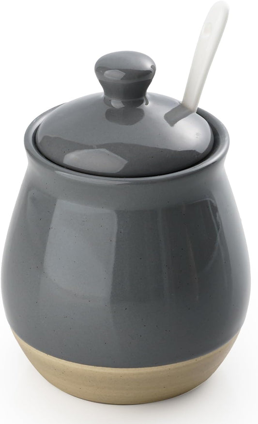 famiware Milkyway Sugar Bowl with Lid and Spoon, 10oz Ceramic Sugar Jar/Pot/Dispenser for Salt, Condiments, Spice, Seasonings, Sugar Container for Coffee Bar, Home, Kitchen, and Countertop, Dark Gray