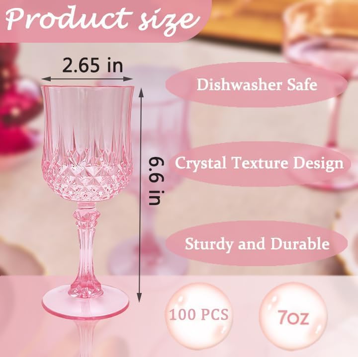 Plastic Wine Glasses，Plastic Goblets Vintage Style Cordial Drinking Glasses for Wedding Reception, Grand Event Party Supplies (100, Pink)