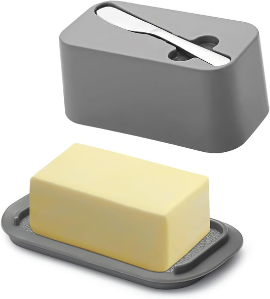 Evanda Butter Dish with Lid for Countertop and Refrigerator Door Shelf with Butter Spreader Knife, Butter Keeper, Plastic Butter Holder Tray Container for West/East Coast Butter
