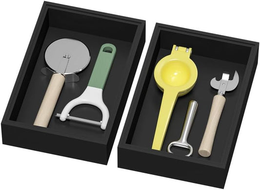 Bamboo Drawer Organizer, Cutlery Silverware Organizer for Kitchen Drawer, Stackable Utensil Organizer, 2 Pcs Flatware Organizer, Wooden Storage Box Tray (Black, 9 X 6 X 2 Inch)