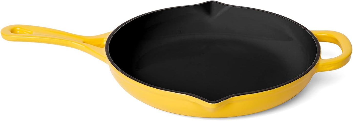 Larder & Vine Enameled Cast Iron Skillet | 10.25 in Cast Iron Pan | Saute Pan with Pour Spouts | Enamel Coated Skillet | Compatible on All Cooktops & Oven Safe to 500F | Limoncello