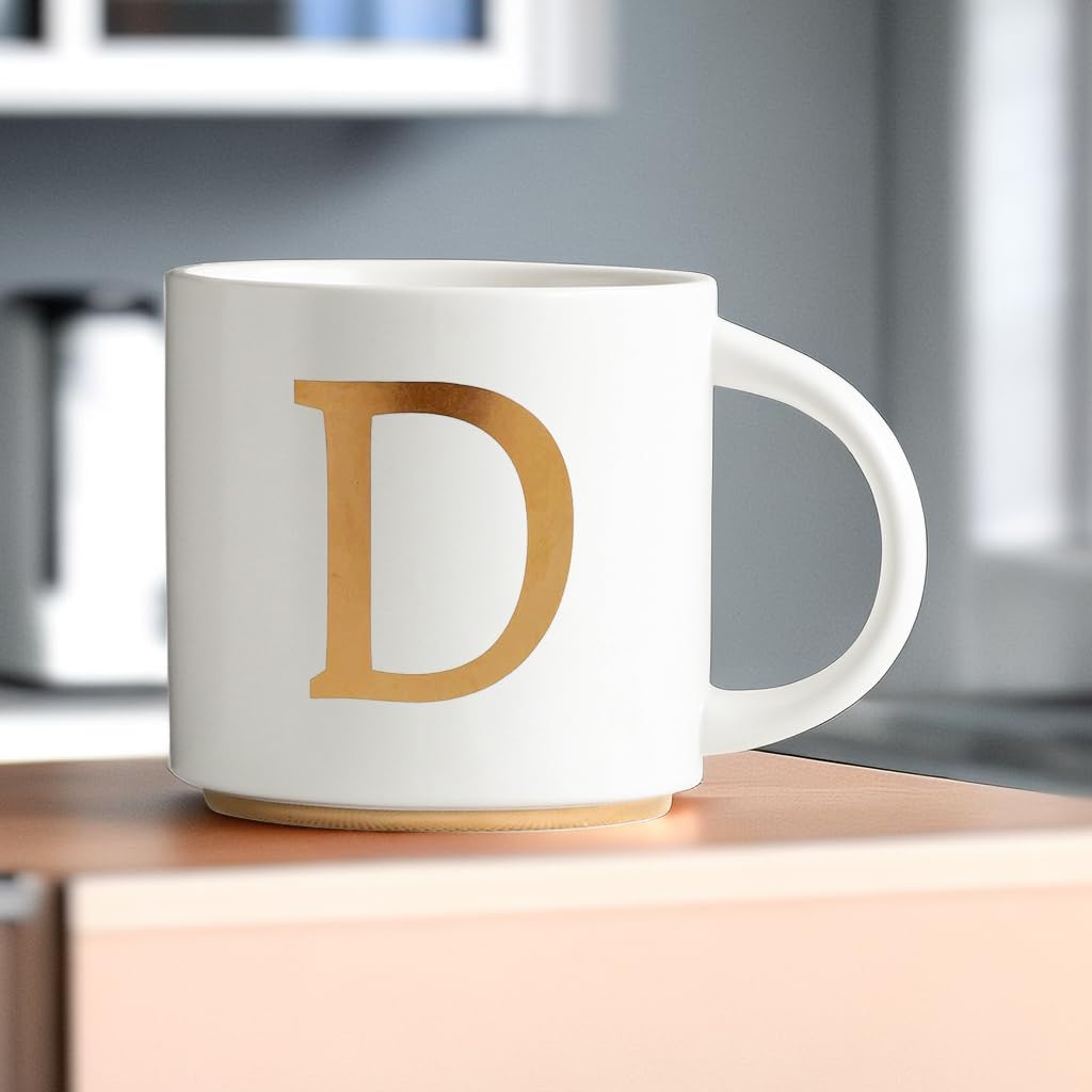COLLECTIVE HOME - Monogram Ceramic Mugs, 15 oz Golden Initial Coffee Cups, Elegant Alphabet Tea Mugs, Elegant Personalized Mug with Gift Box, Unique Mug with Double Side Capital Letter (D)