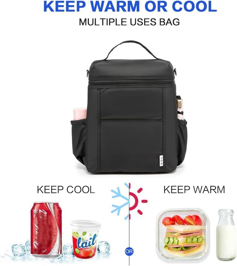 NOL Natural Organic Lifestyle Insulated Lunch Bags for Women Cooler Bag Lightweight Nylon Waterproof Lunch Box For Work (Black, Large)