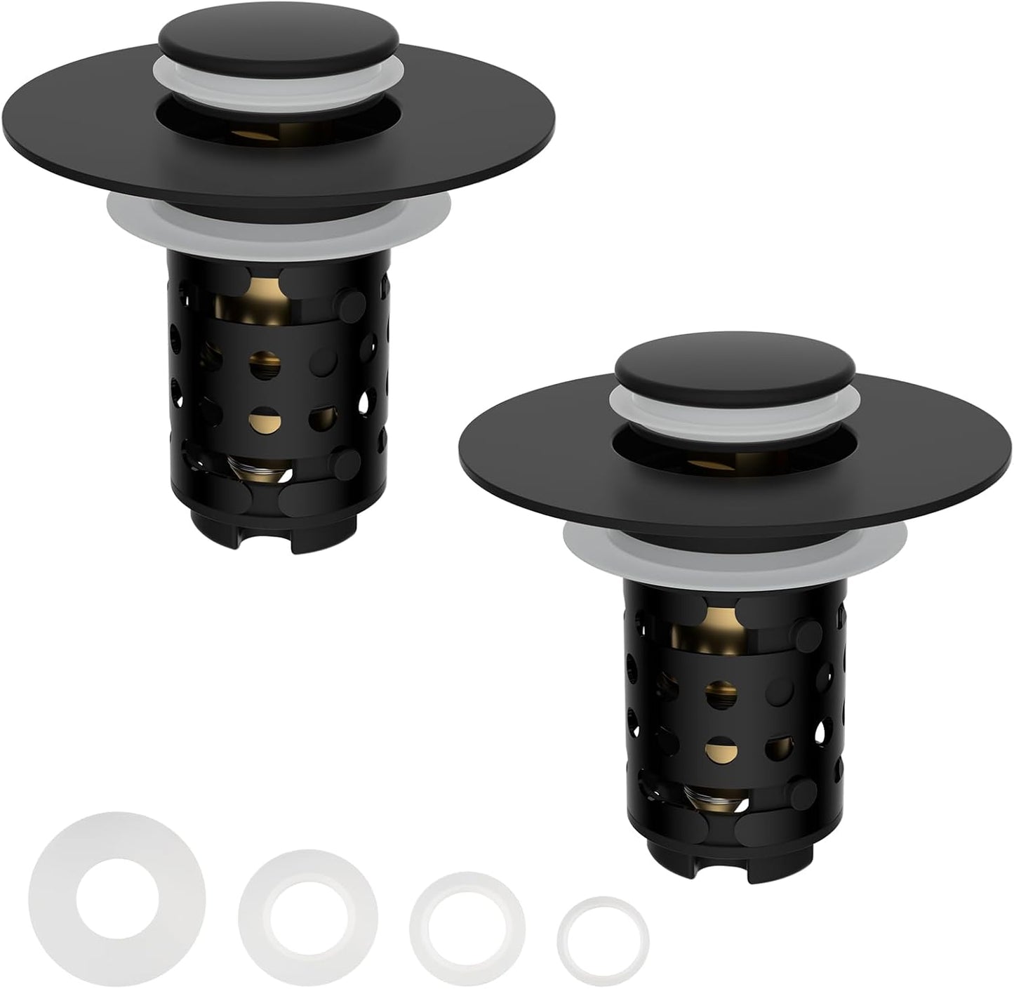 Universal Bathroom Sink Stopper Hair Catcher Upgraded with 2-Layer Detachable Filter Basket, 4 in 1 Pop Up Drain Strainer, Anti-Clog, Odor-Block, Fit for 1.1''~2.36'' Sinks, 2PCS, Matteblack