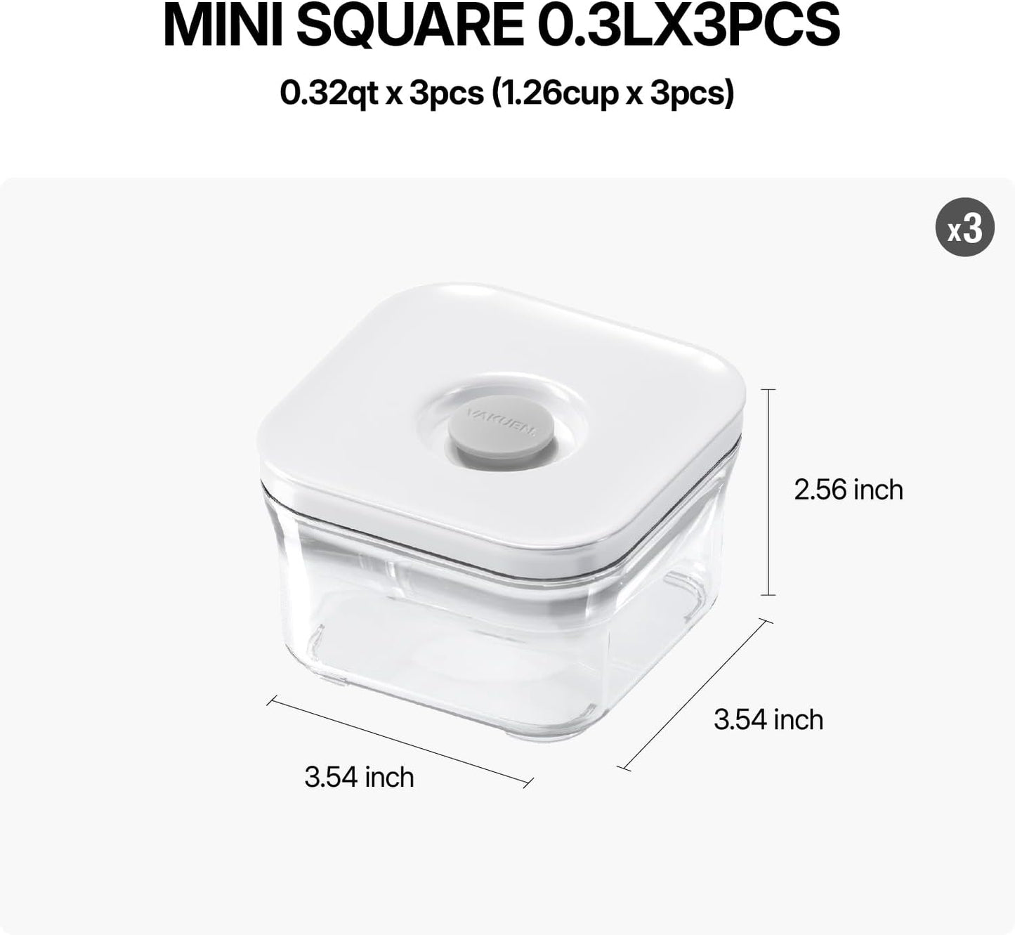Premium Airtight Food Storage Containers, Mini Square 3pc/set(0.32qt), Smart One-Click Seal Lid, No Hinges, 100% Leak Proof, BPA-FREE, Dishwasher, Freezer & Microwave Safe