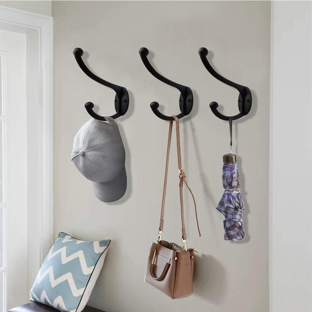 ZEYU 20Pcs Wall Hooks, Coat Hooks Hardware Heavy Duty Hooks for Hanging Coats Double No Rust Black Hook Wall Mounted with Screws for Key, Towel, Bags, Cup, Hat