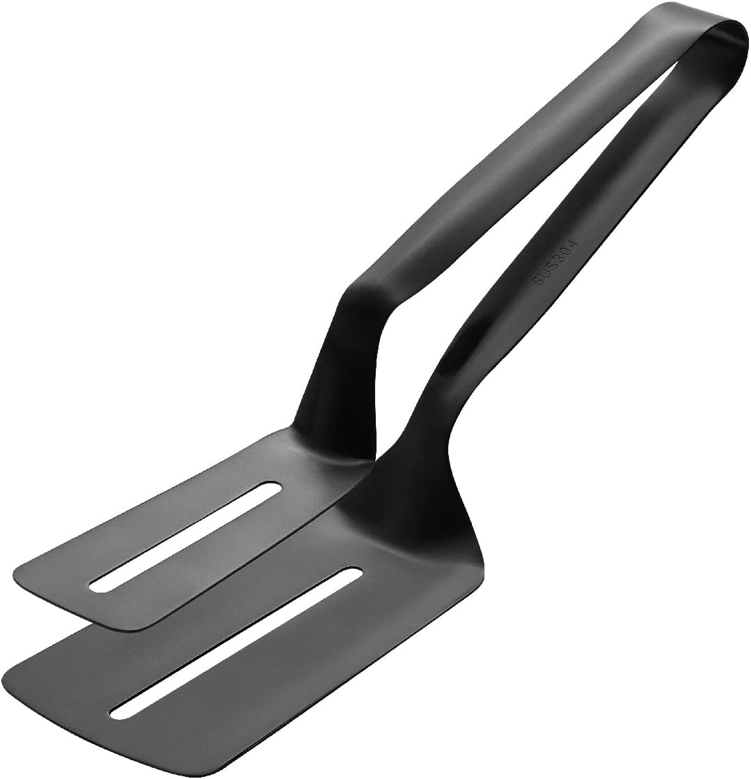 Kitchen Tongs Steak Clamp Bread Tongs 10 inch Double Spatula Tongs Clip Pizza Clamp Stainless Slotted Multi-Function Food Flipping for Bread Eggs BBQ Hamburgers Patties Pancakes (1, Matte Black)