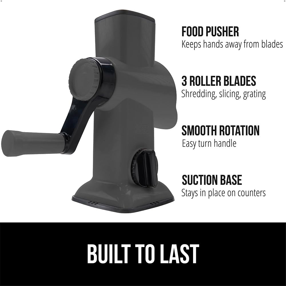 GORILLA GRIP BPA-Free Rotary Cheese Grater Hand Crank, Easy to Set Up, Strong Suction Base for Kitchen Countertop, Shred Potato, Vegetable, Nuts in Seconds, Round Mandoline Slicer, 3 Blades, Gray