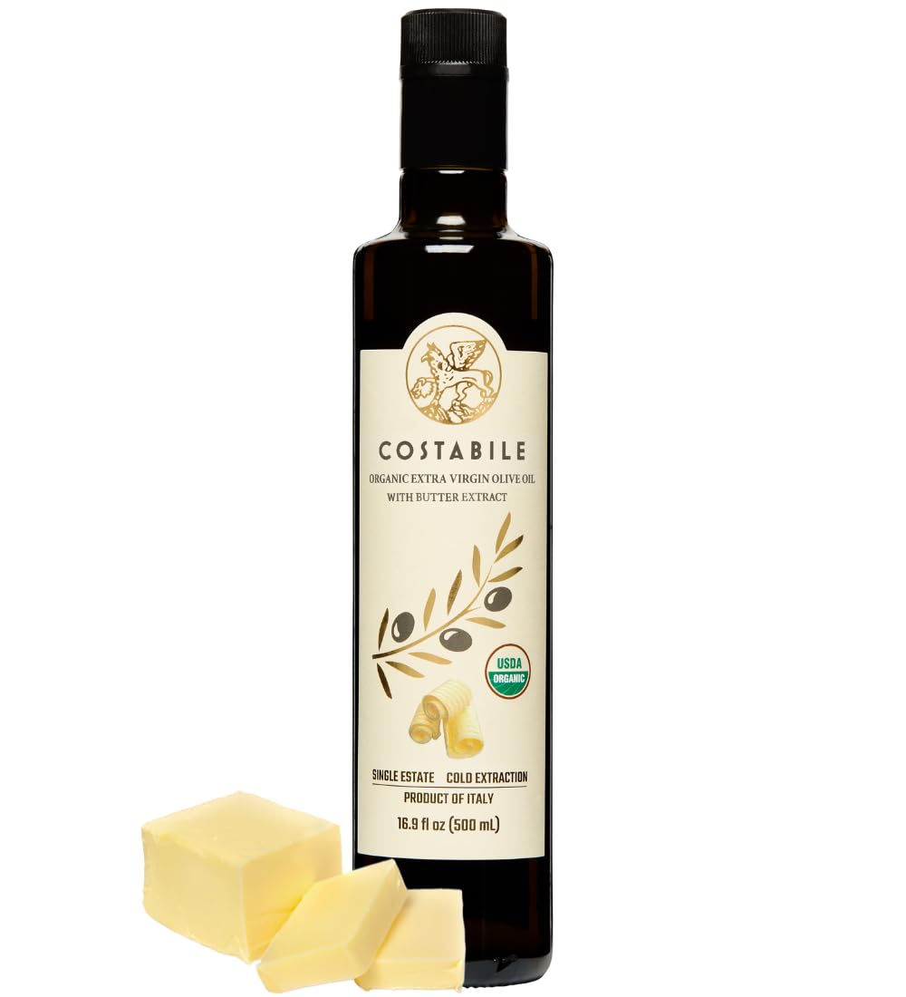 Costabile Butter Infused Olive Oil, Italian Extra Virgin EVOO with Natural Flavor for Cooking, Baking & Popcorn Topping 16.9 Fl. Oz.