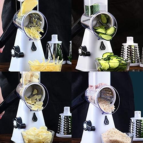 Manual Rotary Potato Grater Kitchen Mandoline Vegetable Slicer，with 3 Interchangeable Blades，Easy to use (White)