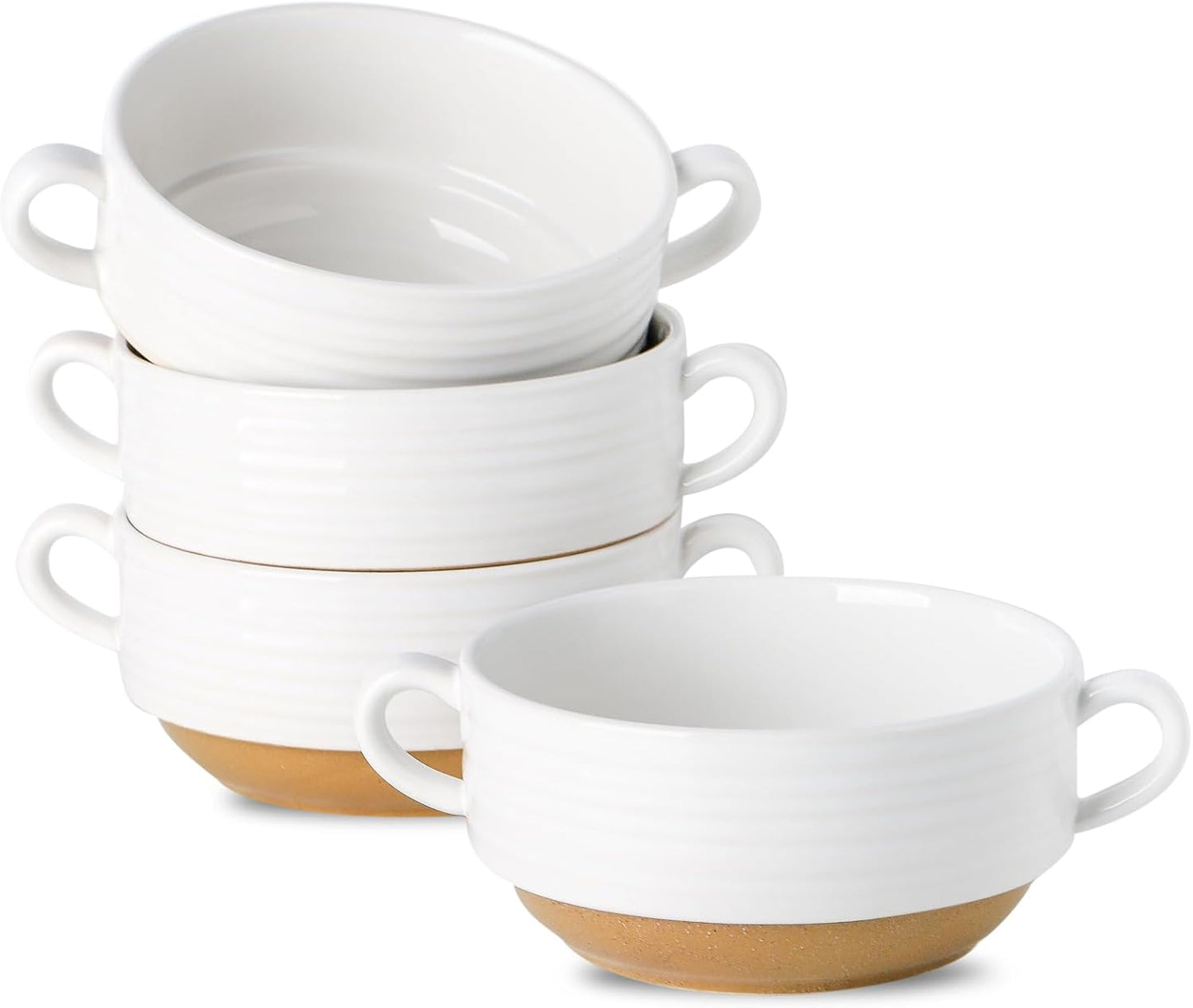 Hasense French Onion Soup Bowls, 20 oz Ceramic Soup Bowls with Handle, Stacked Oven Safe Bowl Set, Perfect for Chili, Beef Stew, Pasta, White Soup Serving Bowls for Kitchen, Set of 4