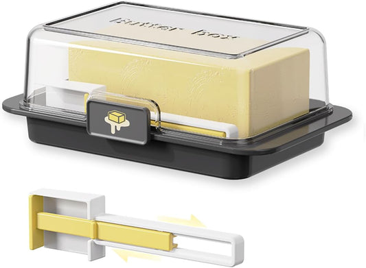Butter Dish with Precision Spoon, Countertop and Refrigerator, Keep Butter Fresh, Easy Scoop, Plastic Butter Keeper Tray Box for East/West Coast Butter (Black, Large)