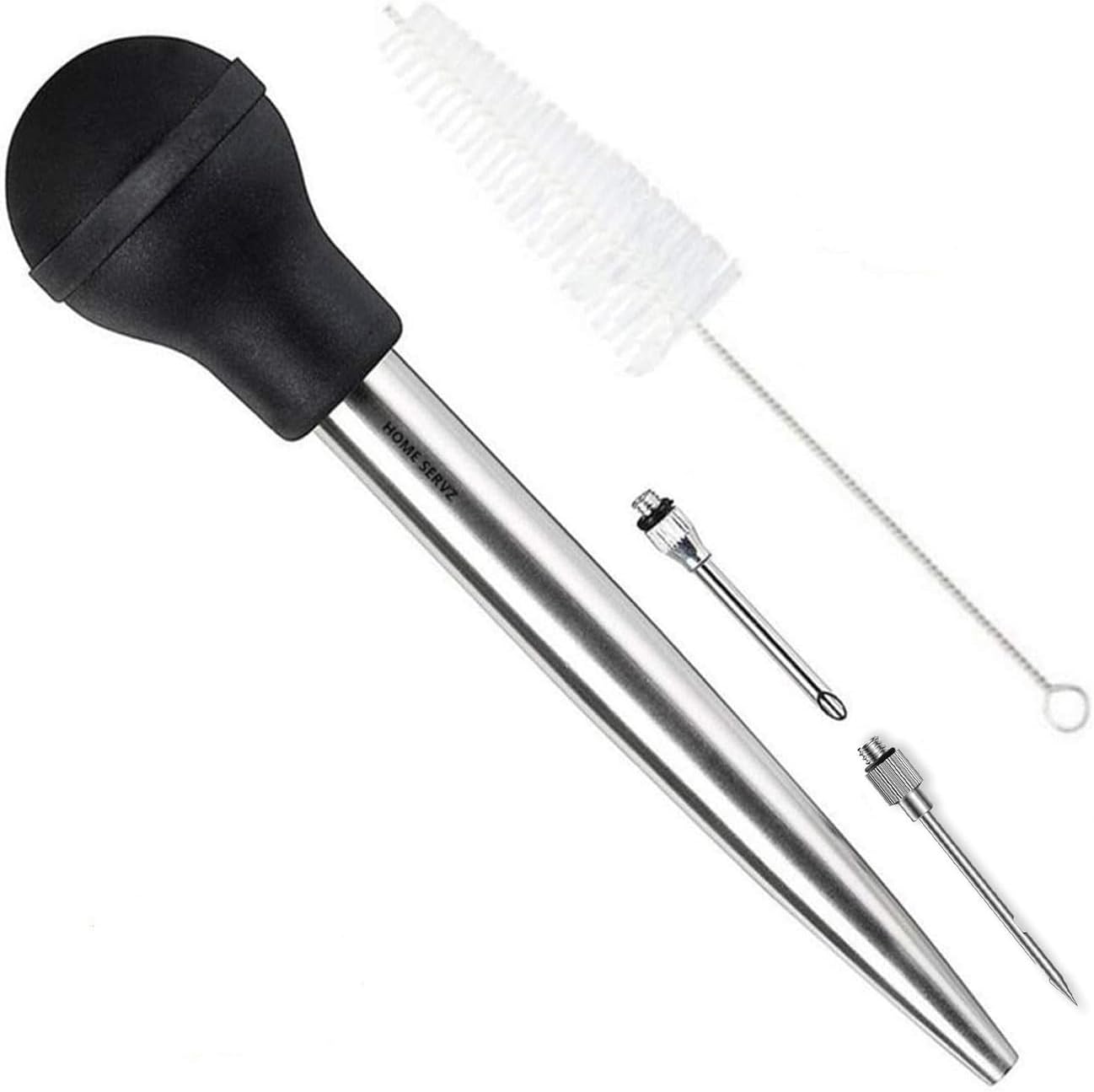 304 Stainless Steel Turkey Baster Syringe Injector Needle With Cleaning Brush- black Rubber Bulb