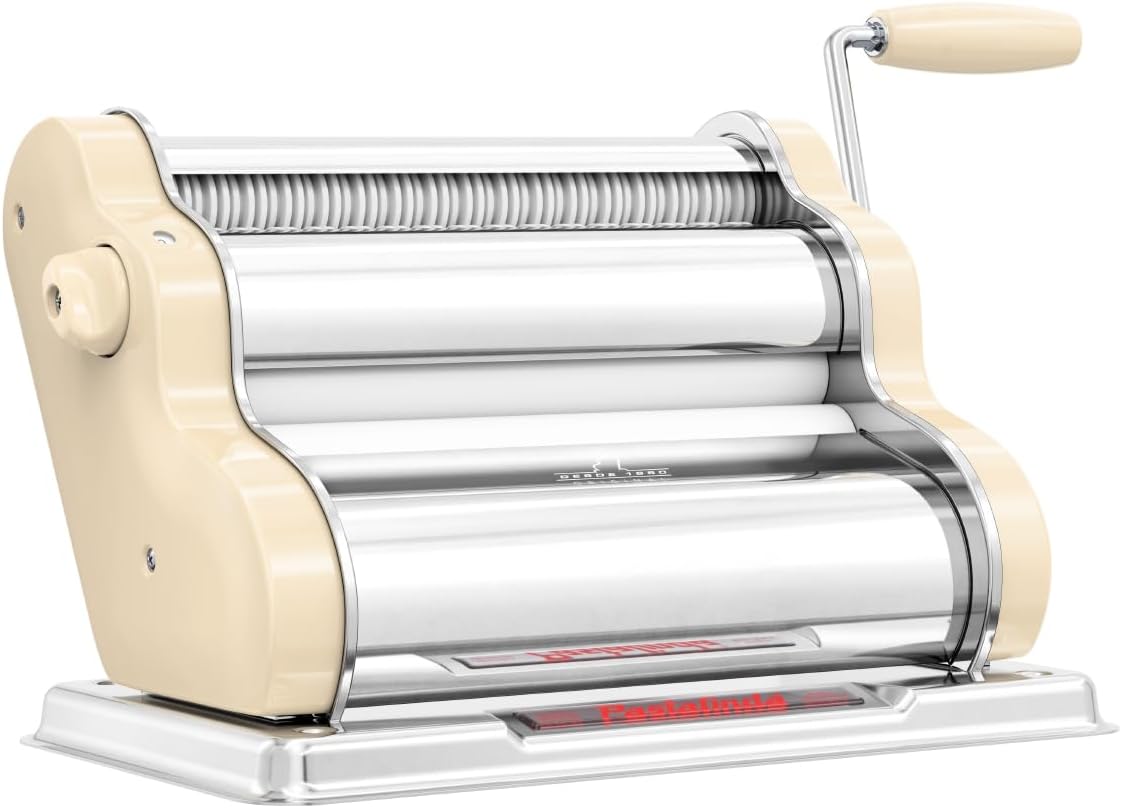 PASTALINDA Classic 260 Pasta Maker Machine, 26 cm Wide Rollers, 9 Thickness Positions, 2 Cutting Positions, Stainless Steel. Includes Reinforced Hand Crank And Two Clamps (Cream)
