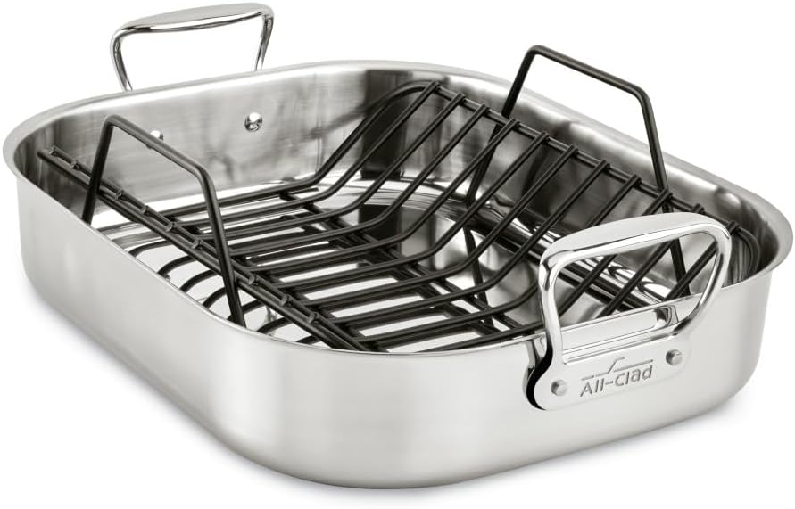 All-Clad Specialty Stainless Steel Roaster and Nonstick Rack 16x13x5 Inch Oven Broiler Safe 600F Roaster Pan, Pots and Pans, Bakeware, Turkey, Silver