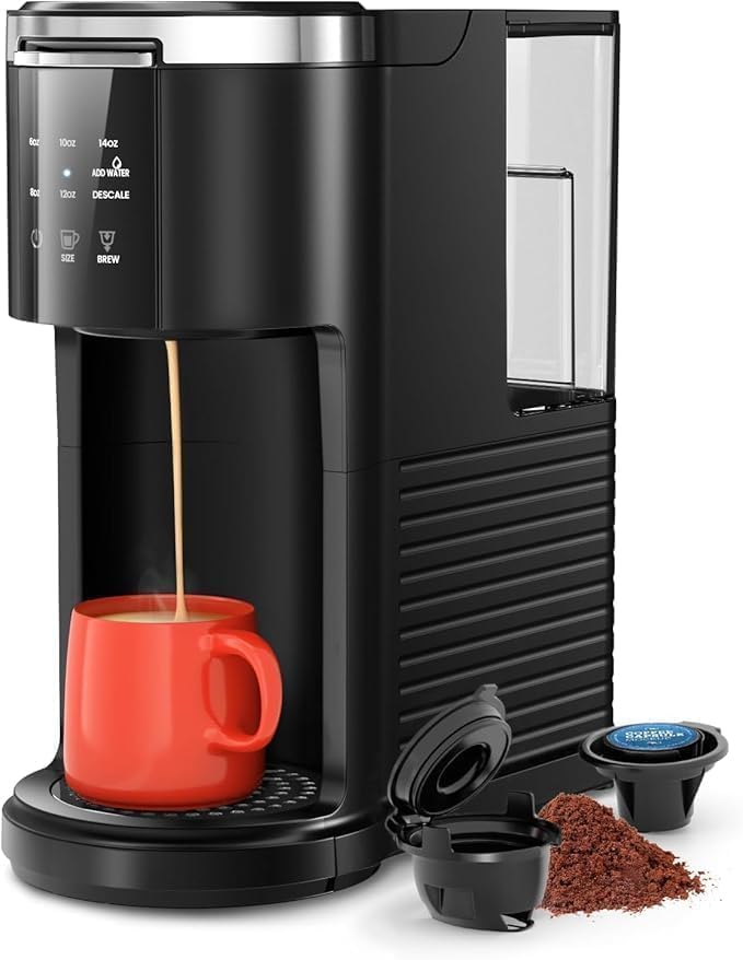 Single Serve Coffee Maker, 2 in 1 Coffee Machine for K-Cup & Ground Coffee, 6 to 14oz Brew Sizes, Self-cleaning Pod Coffee Makers with 40oz Removable Water Reservoir, LCD Screen, Black