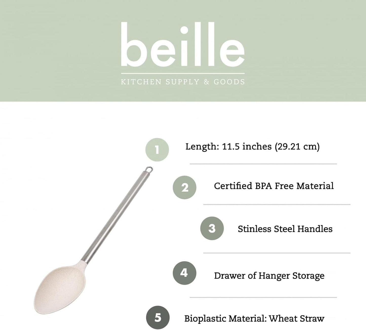 Beille Cream Wheat Straw Spoon with Stainless Steel Handle Kitchen Utensils, 13 Inch
