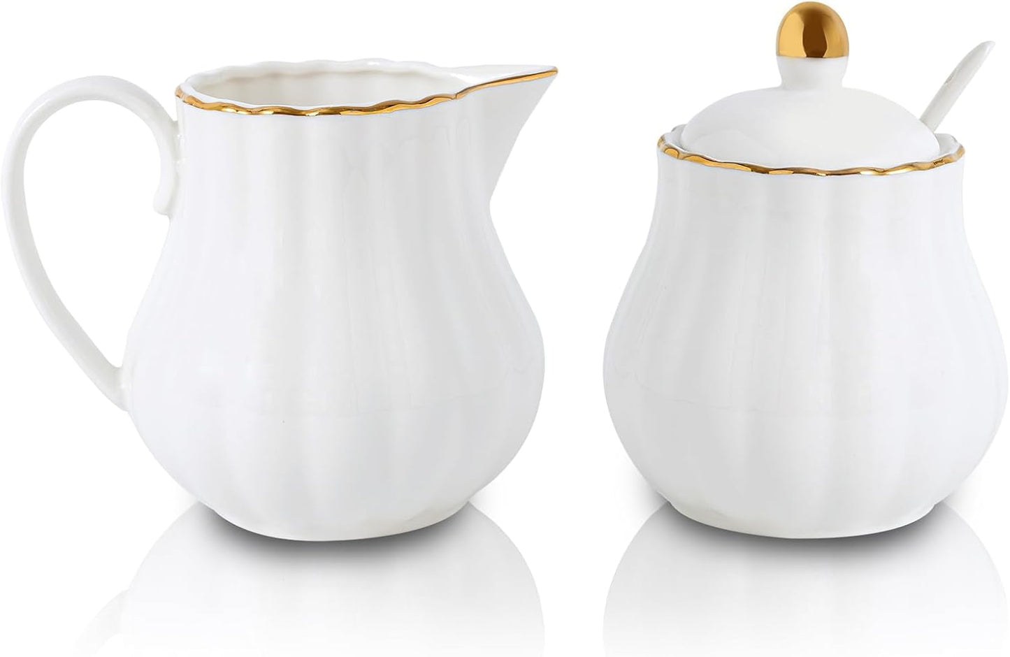 Ceramic Sugar and Creamer Set, 3 Piece with Cream Pitcher, Sugar Bowl with Lid and Spoon,Coffee and Tea Serving Set (White with gold line)