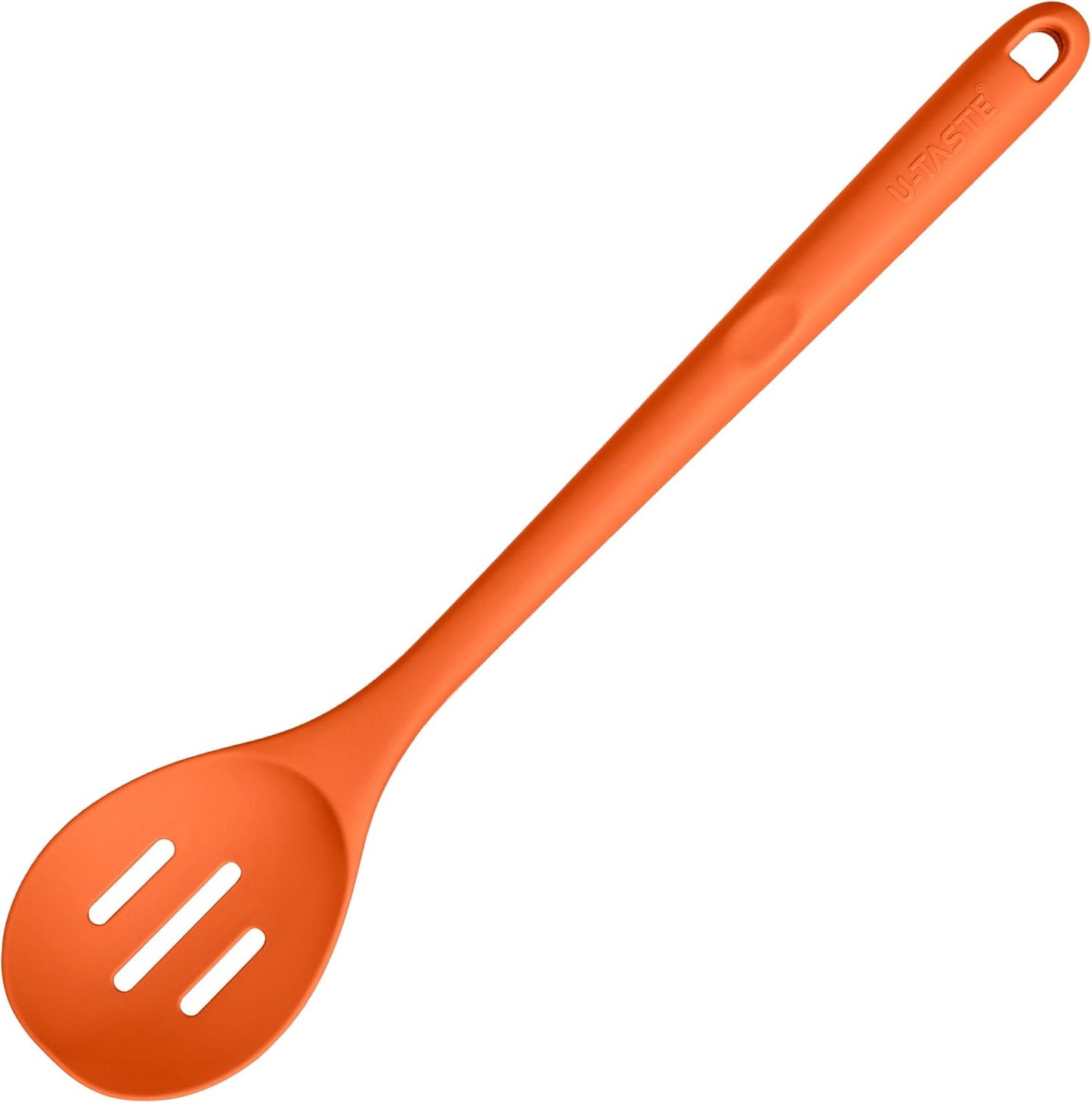 600ºF Heat Resistant Slotted Spoon: U-Taste 13.3in Solid Kitchen Cooking Spoon, Nonstick Food Grade Large & Long Rubber Utensil for Mixing, Serving, Stirring, Basting, Frying, Draining (Orange)