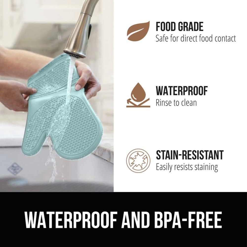 GORILLA GRIP BPA-Free Soft Silicone Oven Mitts, Heat Resistant and Waterproof Cooking Gloves, Thick Cotton Lining, Flexible Gripping for Baking Grilling, Kitchen Potholders Set of 2, 12.5x8.3, Mint