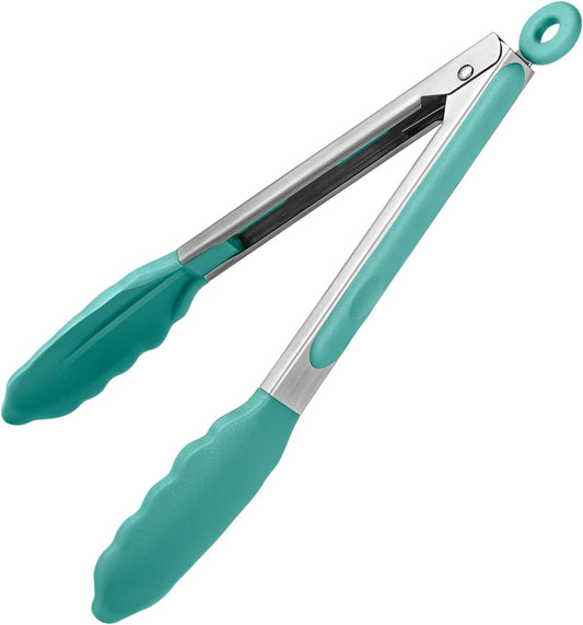 Heat Resistant Silicone Kitchen Tong: U-Taste 9 inch 480ºF Hot Proof Cooking Tong with Firm Sealed Non Stick Rubber Tips & Silicon Coated Steel Handle & Smooth Locking for Serving Grill Salad-Aqua Sky