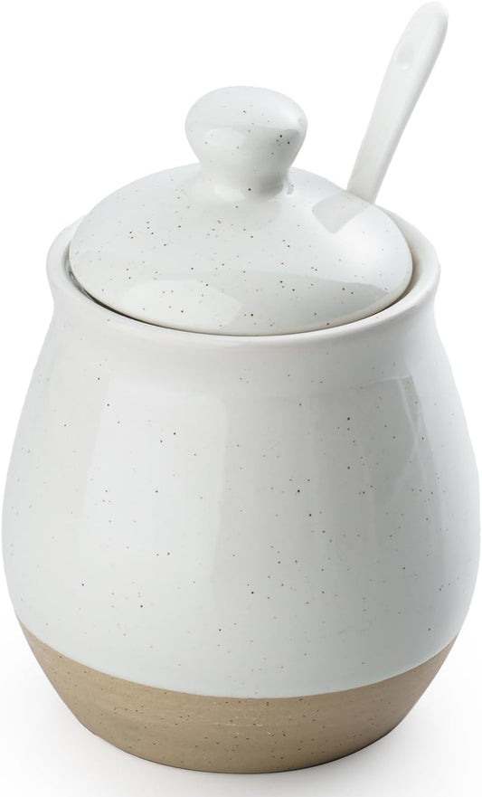 famiware Milkyway Sugar Bowl with Lid and Spoon, 10oz Ceramic Sugar Jar/Pot/Dispenser for Salt, Condiments, Spice, Seasonings, Sugar Container for Coffee Bar, Home, Kitchen, and Countertop, White