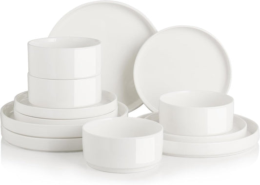 Sweejar Porcelain Dinnerware Sets for 4, 12 Pieces Ceramic Plates and Bowls Set, Classic Modern Simple Kitchen Dinner Dining Ware Set, Dishwasher and Microwave Safe Dishes Sets(Pure White)