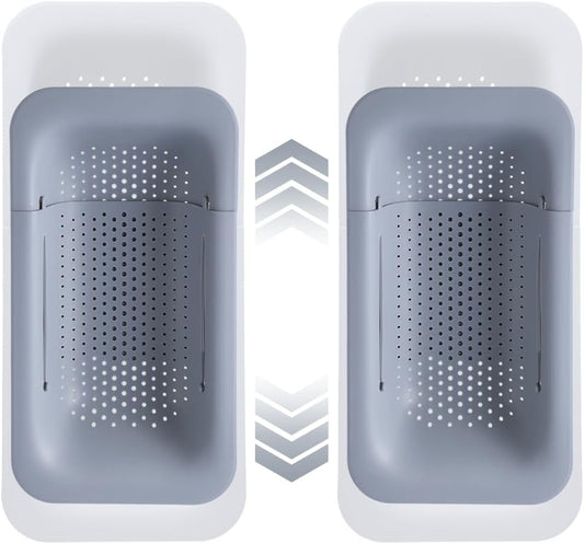 Collapsible Sink Colanders and Strainers Basket Over the Sink Colander Collapsible Colander Extendable Plastic Fruit Vegetable Strainer Drainer Basket for Kitchen(Length 14.3-19.4 inch)(Gray Set of 2)