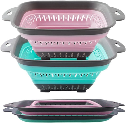 Collapsible Colander Set, Square Round Triangles Silicone Kitchen Strainer Perfect for Draining Pasta Vegetable fruit 2 PCS (10.8"L x 8.6"W x 2"H, Red & Green)