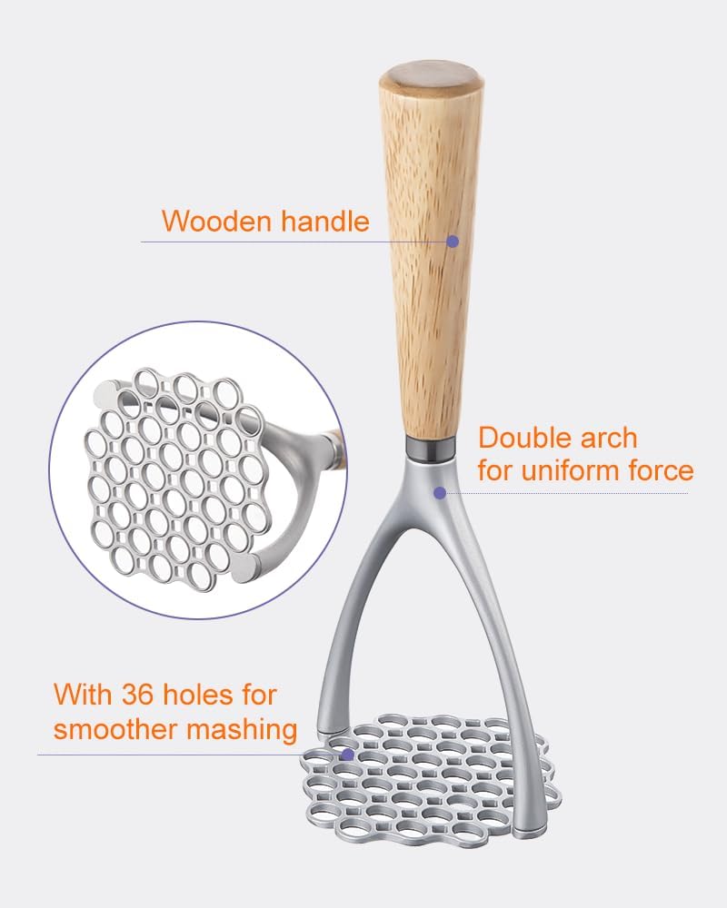 Brigii Potato Masher with Wooden Handle, Manual Potato Press for Kitchen Tool, Aluminum Alloy Potato Ricer For Fluffy Mashed Potato