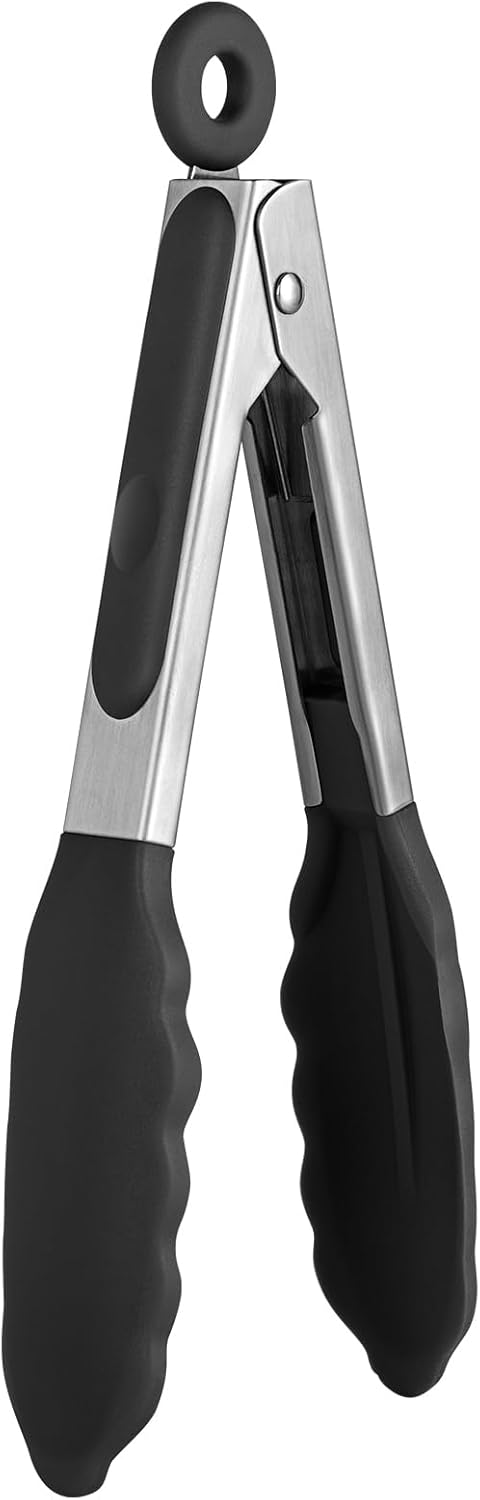 480ºF Heat Resistant Kitchen Tong: U-Taste 7 inch Silicone Cooking Tong with Firm Sealed Non Stick Rubber Tips & Silicon Coated 18/8 Stainless Steel Handle & Smooth Locking for Serving Salad (Black)