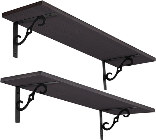 DINZI LVJ Long Wall Shelves, 23.6 Inch Large Floating Shelves Set of 2, Wide Display Shelf Wall Mounted with Brackets, Easy Hanging for Living Room, Toilet, Office, Bedroom, Espresso
