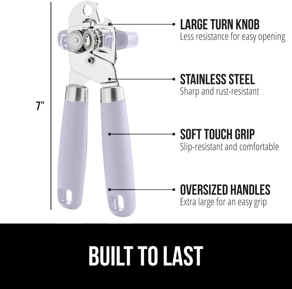 GORILLA GRIP Heavy Duty Stainless Steel Smooth Edge Manual Can Opener and Bottle Openers, Soft Comfortable Handle, Oversized Handheld Turn Knob, US Designed Multifunctional Kitchen Tool, Lavender