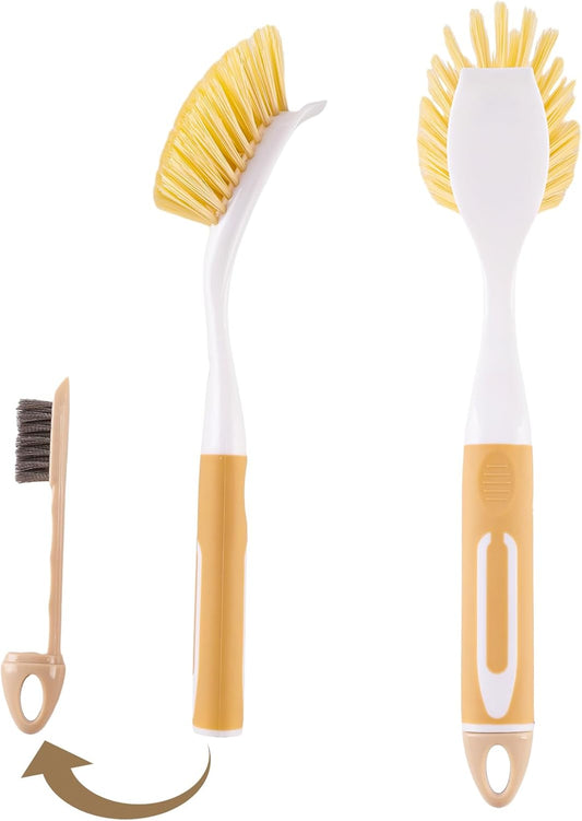 Dish Brush with Detachable Small Steel Wire Brush and Pan Scraper, Home Kitchen Scrub Brushes with Long Handle for Household Cleaning Dishes, Pots, Stovetop, Grill, Sink Scrubber (2-Pack)