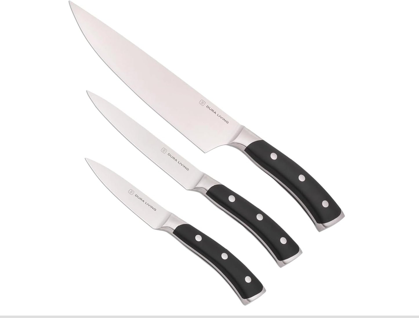 3-Piece Kitchen Knife Set – Ultra-Sharp German Stainless Steel, 8” Chef, 5” Utility, and 3.5” Paring Knives with Ergonomic Handles, Multipurpose Kitchen Knife Set, Black