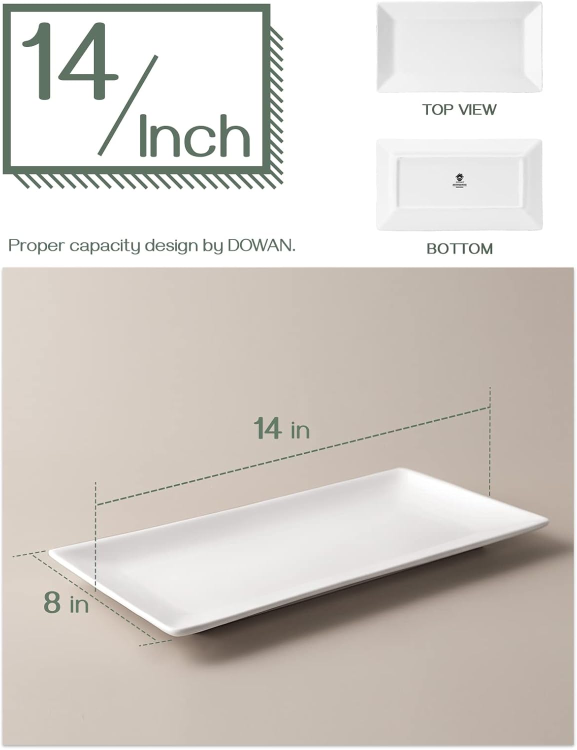 DOWAN 14" Serving Trays, Serving Platters, Ceramic Serving Platters and Trays, Rectangle Plates, Set of 3, for Weddings, Parties, Oven, Microwave, Dishwasher, Heat Resistant, Easy to Clean, White