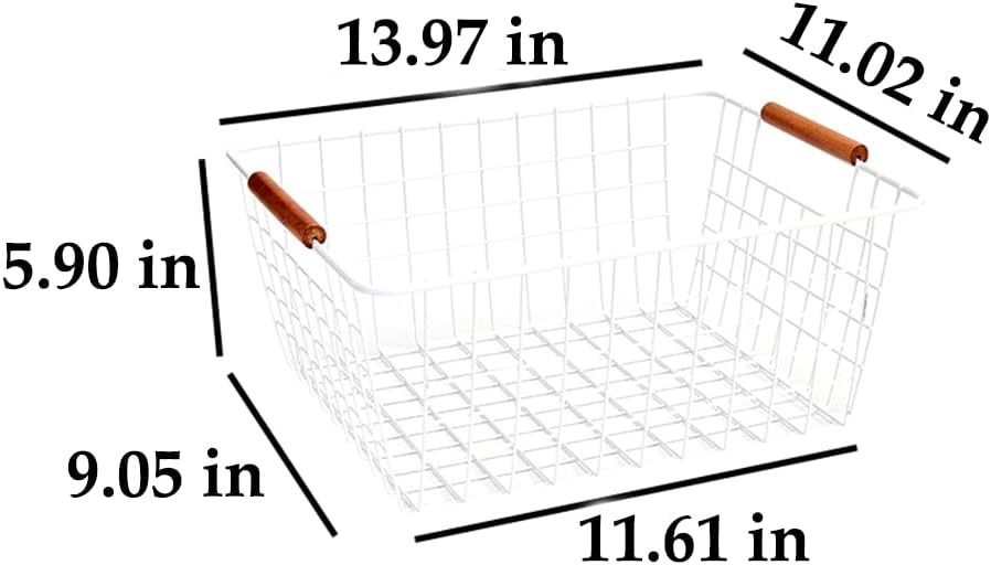 LeleCAT Large white wire baskets with Wooden Handles for storage pantry, Storage Organizer Baskets, Household Refrigerator for Cabinets, Closets, Bedrooms, kitchen - Set of 3 White
